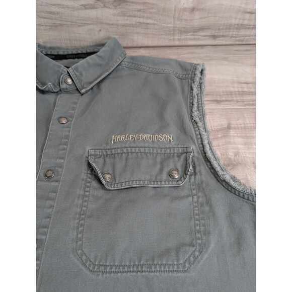 Harley Davidson Army Green Canvas Embroidered Logo Vest Jacket Men's Sz L Large - Picture 2 of 12